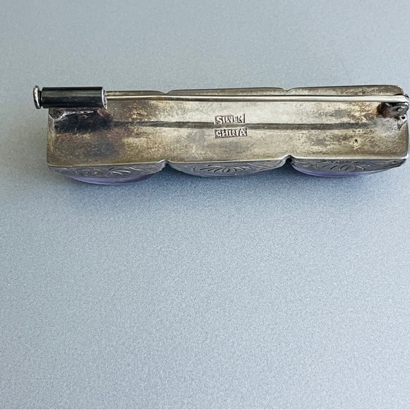 Antique Chinese Carved Amethyst Sterling Silver Ribbed Rectangle Pin Bro… - Picture 3 of 12